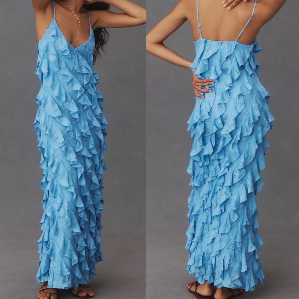 BHLDN Light Blue Ruffled Slip Maxi Dress